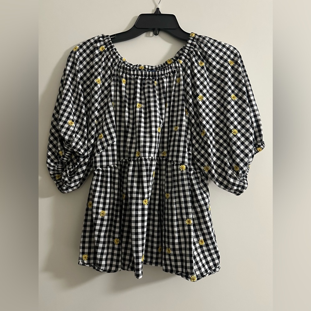 Old Navy Black and White Gingham Top with Yellow Accents